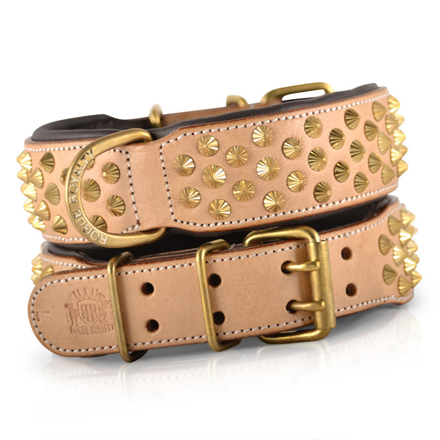 Dog Collar - Tan Leather & Brass "Ruthless"