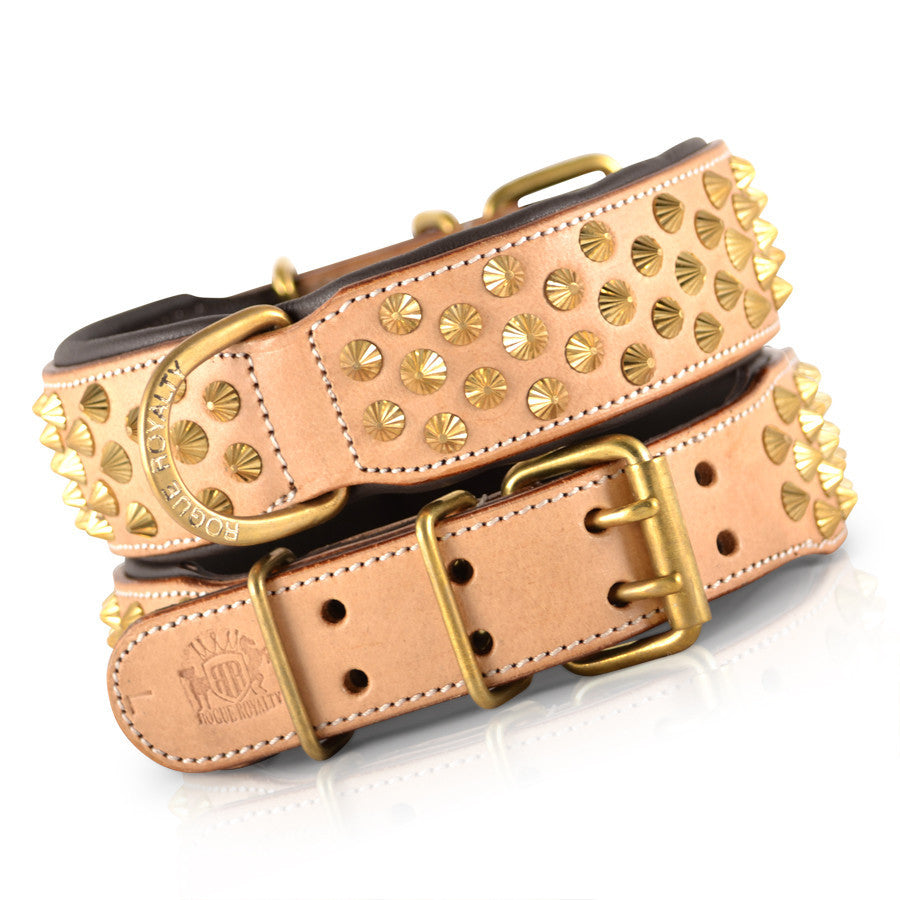 Dog Collar - Tan Leather & Brass "Ruthless"