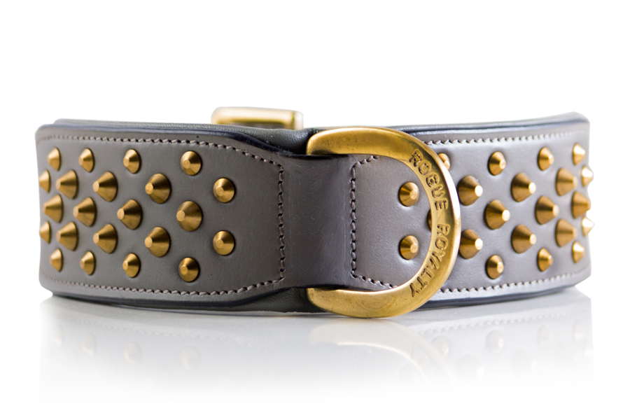 Grey & Brass Leather Dog Collar - "RuffNeck"
