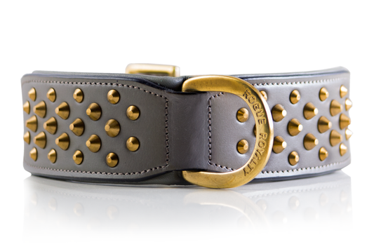 Grey & Brass Leather Dog Collar - "RuffNeck"